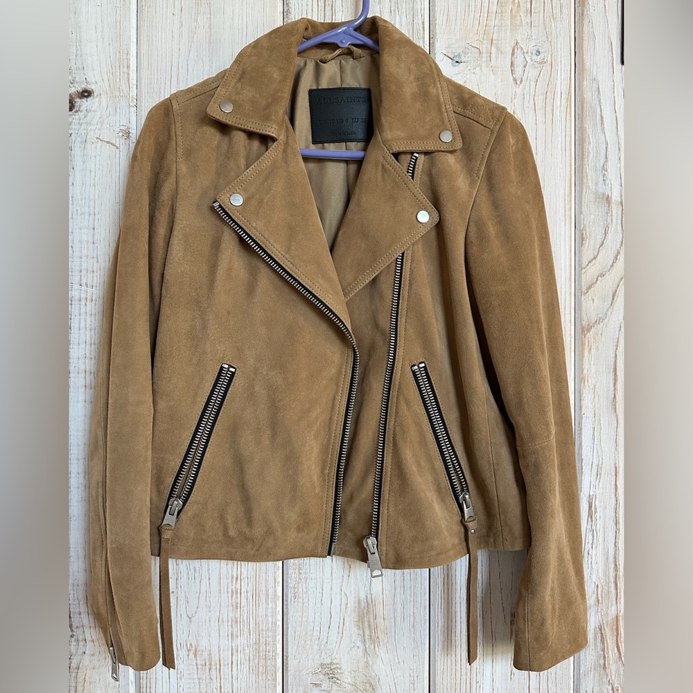 All Saints Camel Dalby Suede Biker Jacket